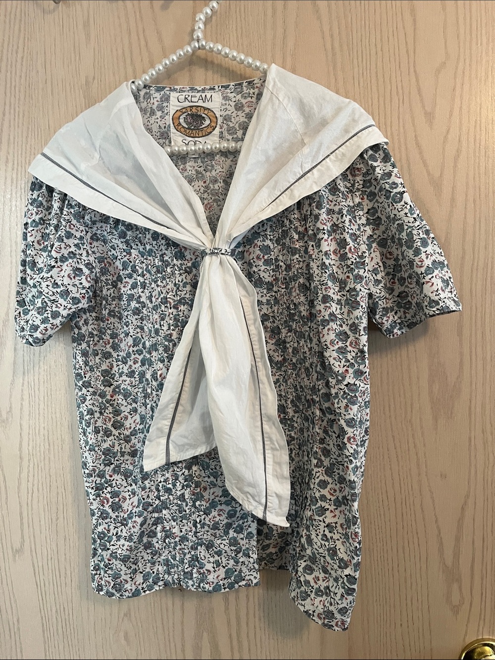 Floral Sailor-Collar Blouse in White and Blue